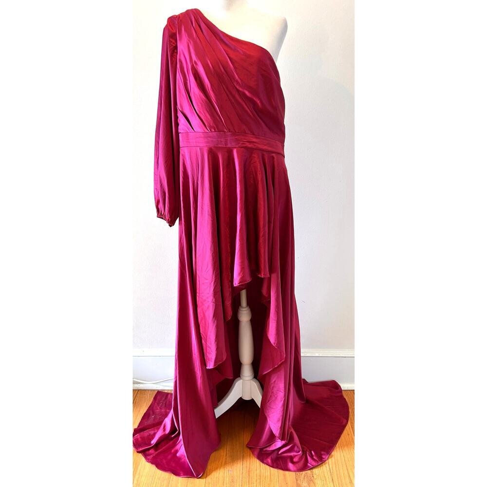 NWOT Mac Duggal Crimson Scarlet One Shoulder Satin High Low Gown US 12‎